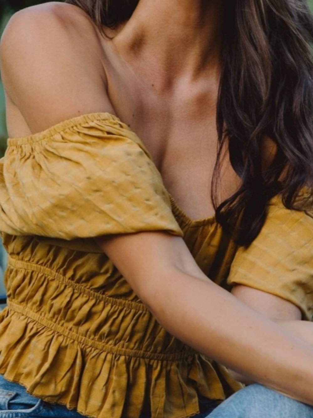 Cleobella Gold Puff Sleeve Smocked Crop Top